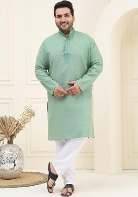 Green Checked Cotton Kurta Set For Men