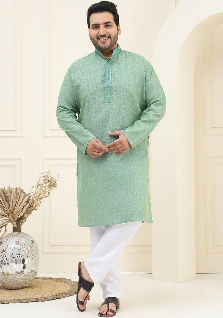 Green Checked Cotton Kurta Set For Men