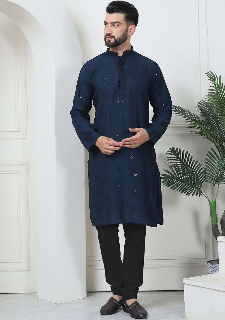 Teal Blue Embroidered Poly Blend Kurta Set For Men - Indya