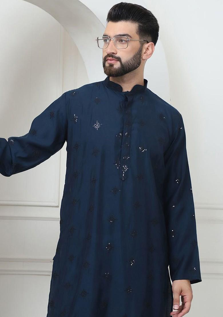 Teal Blue Embroidered Poly Blend Kurta Set For Men