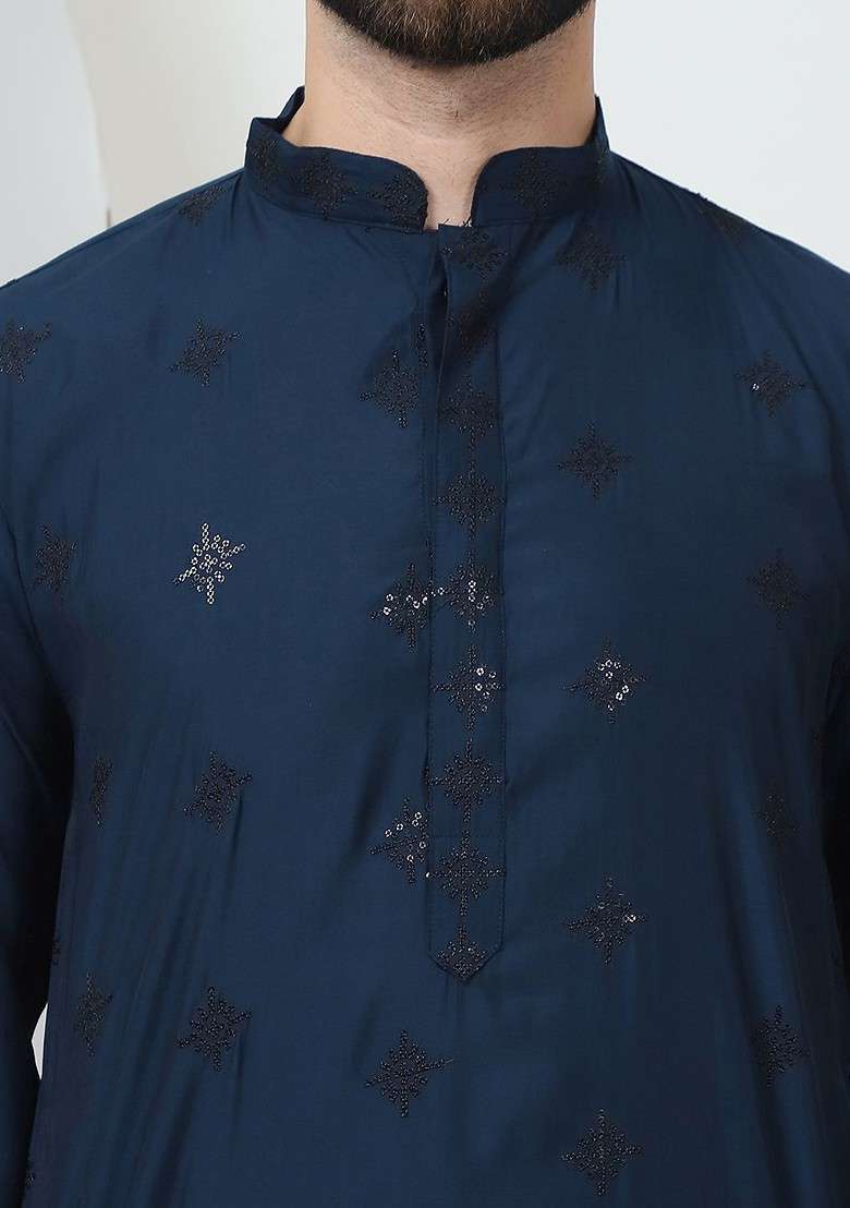 Teal Blue Embroidered Poly Blend Kurta Set For Men - Indya