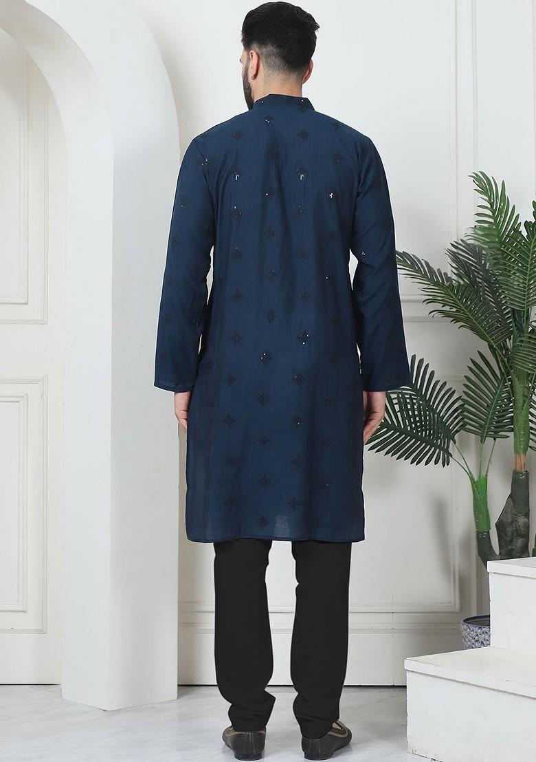 Teal Blue Embroidered Poly Blend Kurta Set For Men