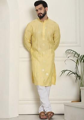 Yellow Embroidered Cotton Kurta Set For Men