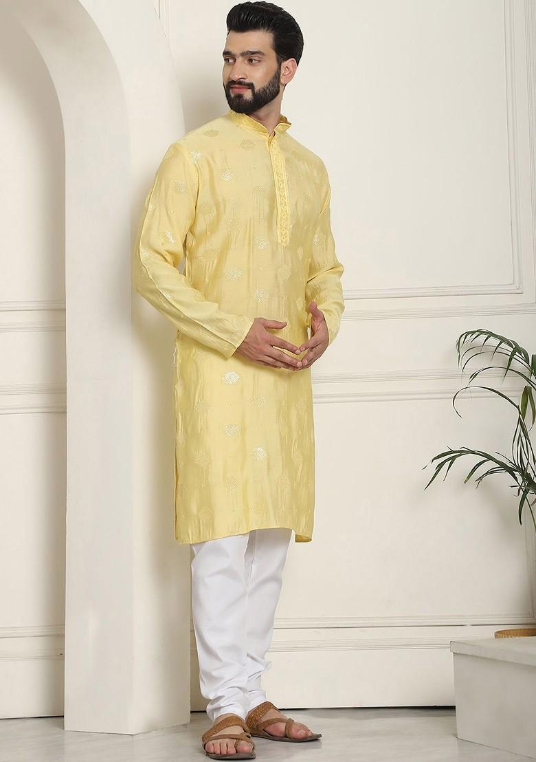 Yellow Embroidered Cotton Kurta Set For Men