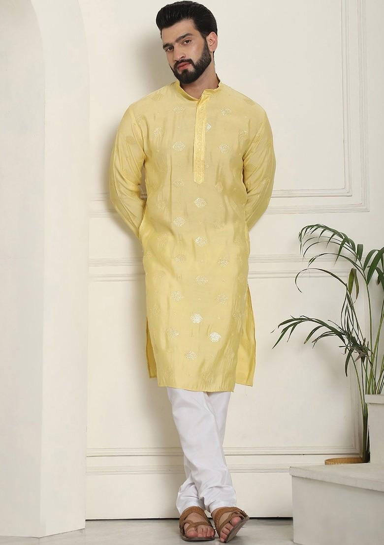 Yellow Embroidered Cotton Kurta Set For Men