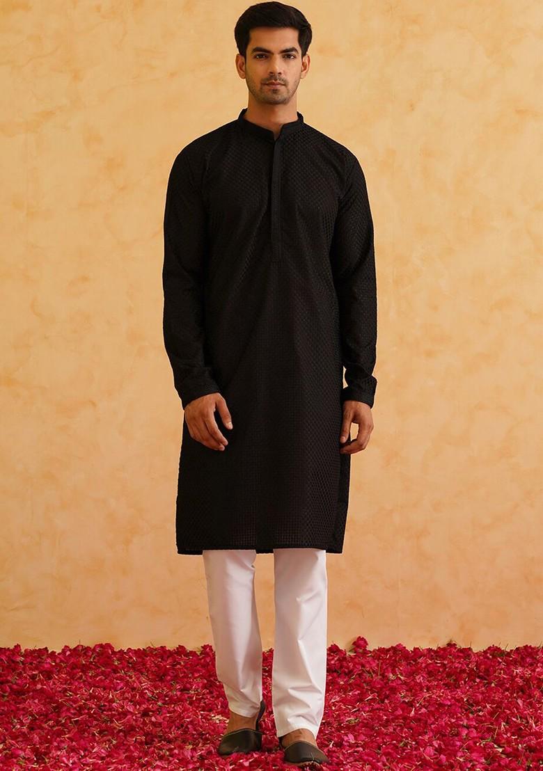 Black Checked Cotton Kurta Set For Men