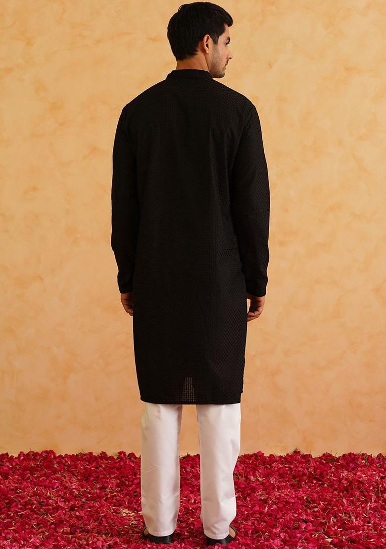 Black Checked Cotton Kurta Set For Men