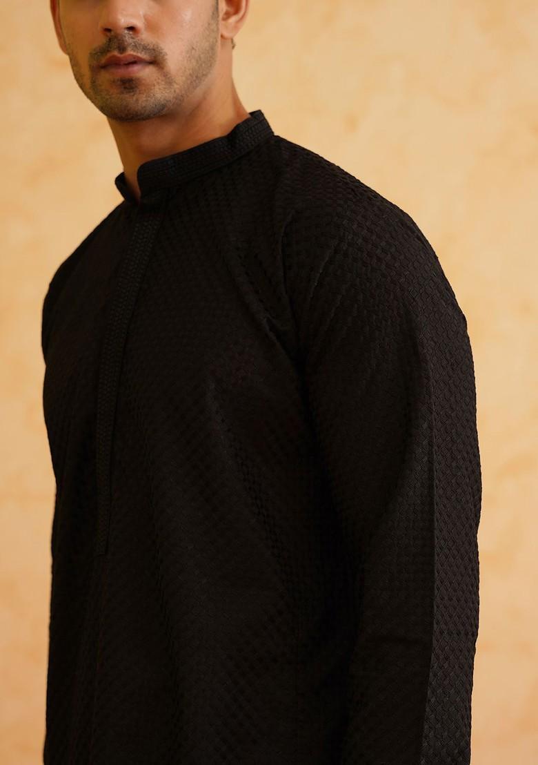 Black Checked Cotton Kurta Set For Men