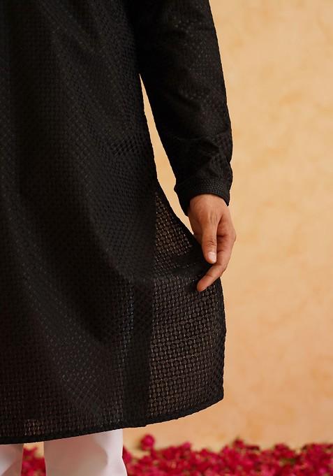 Black Checked Cotton Kurta Set For Men