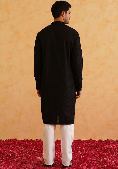 Black Checked Cotton Kurta Set For Men