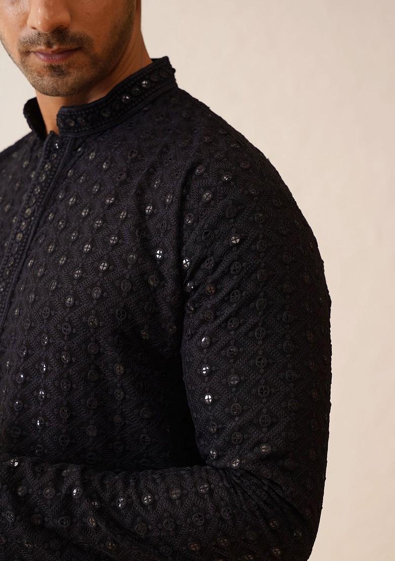 Black Embroidered Cotton Kurta Set For Men