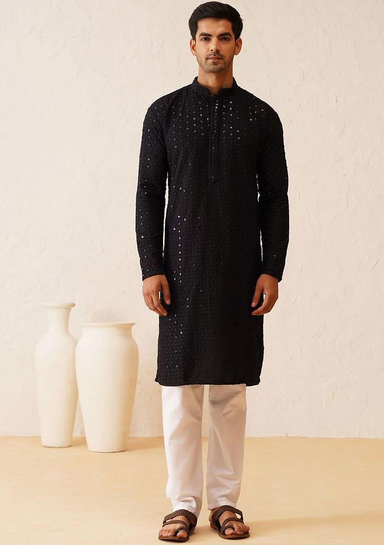 Black Embroidered Cotton Kurta Set For Men