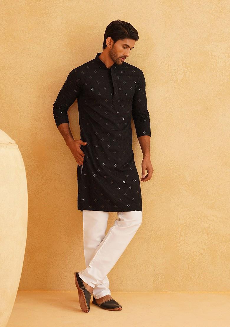 Black Embroidered Cotton Kurta Set For Men