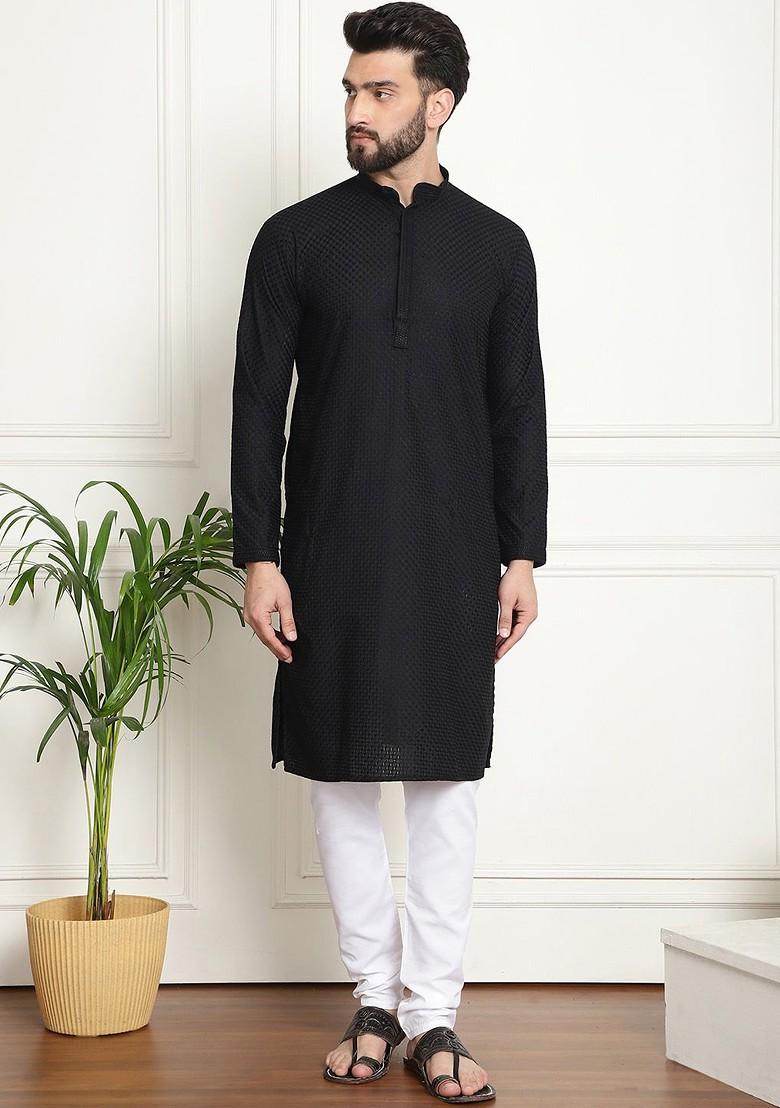 Black Checked Cotton Kurta Set For Men