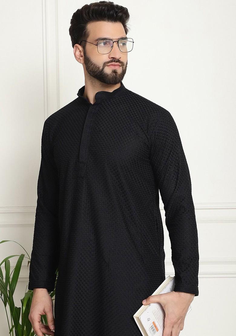Black Checked Cotton Kurta Set For Men