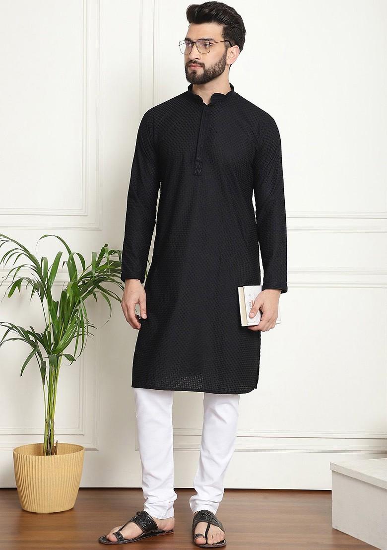 Black Checked Cotton Kurta Set For Men