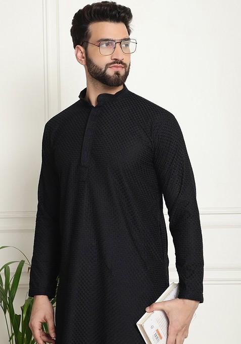 Black Checked Cotton Kurta Set For Men