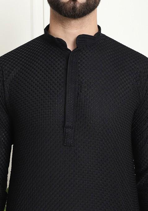 Black Checked Cotton Kurta Set For Men