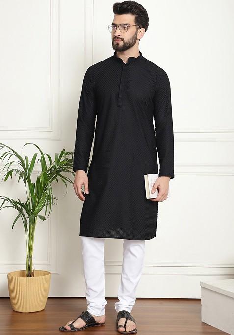 Black Checked Cotton Kurta Set For Men