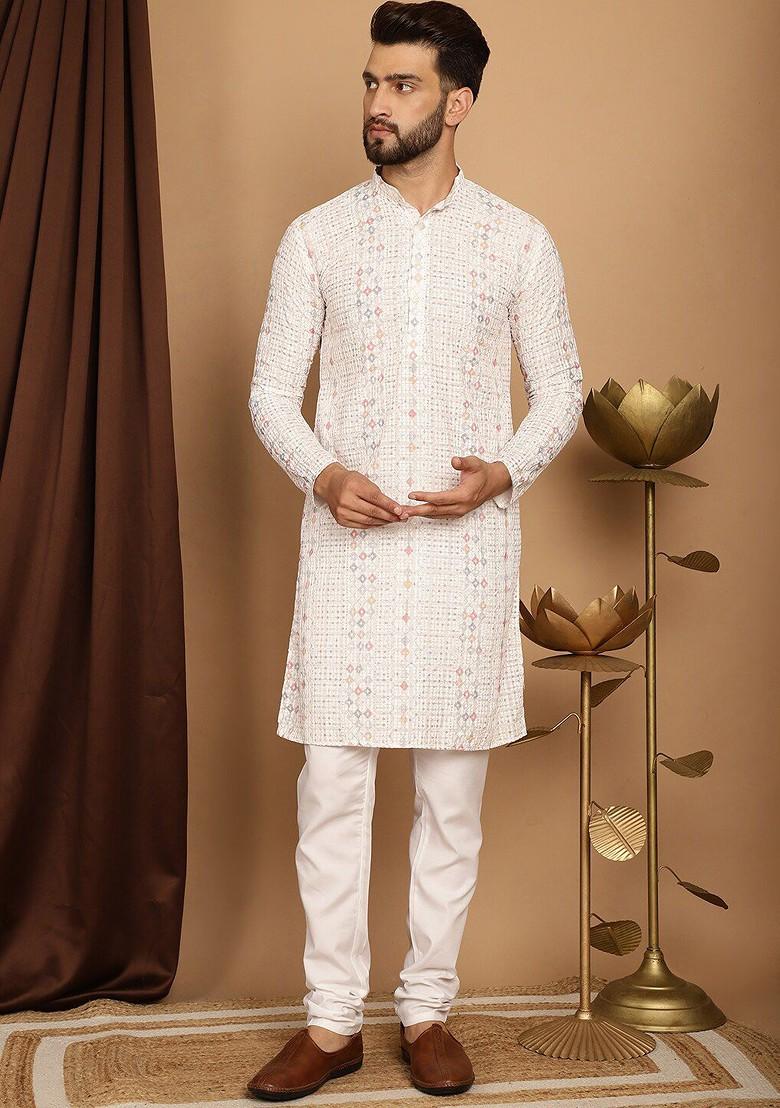 White Thread Work Cotton Kurta Set For Men