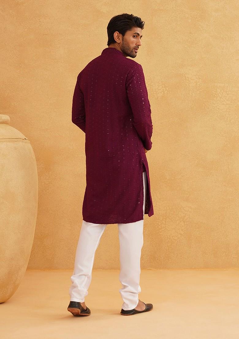 Purple Embroidered Cotton Kurta Set For Men
