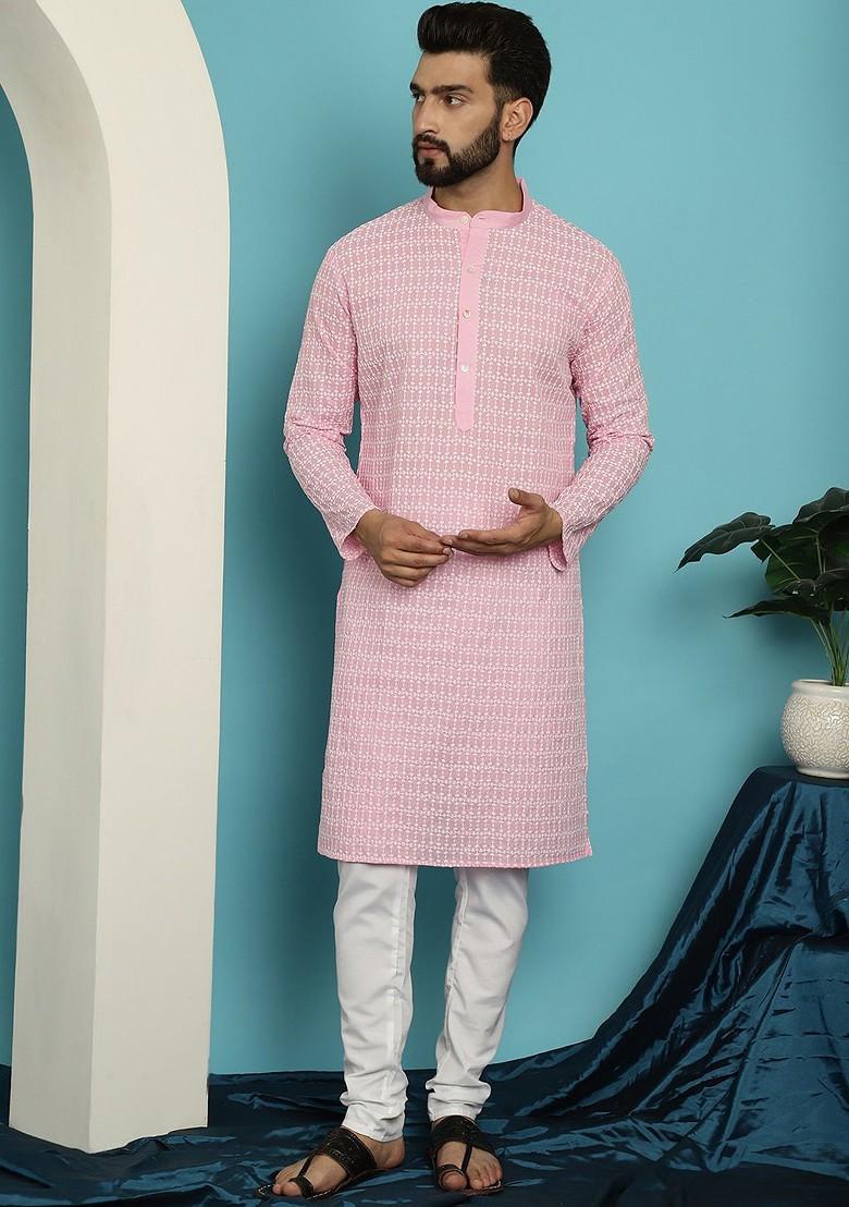 Pink Embroidered Cotton Kurta Set For Men