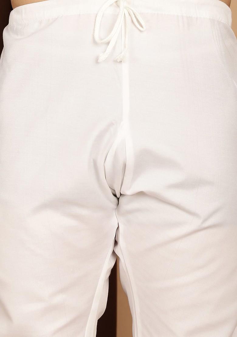 White Thread Work Cotton Kurta Set For Men