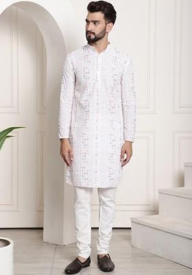 White Thread Work Cotton Kurta Set For Men