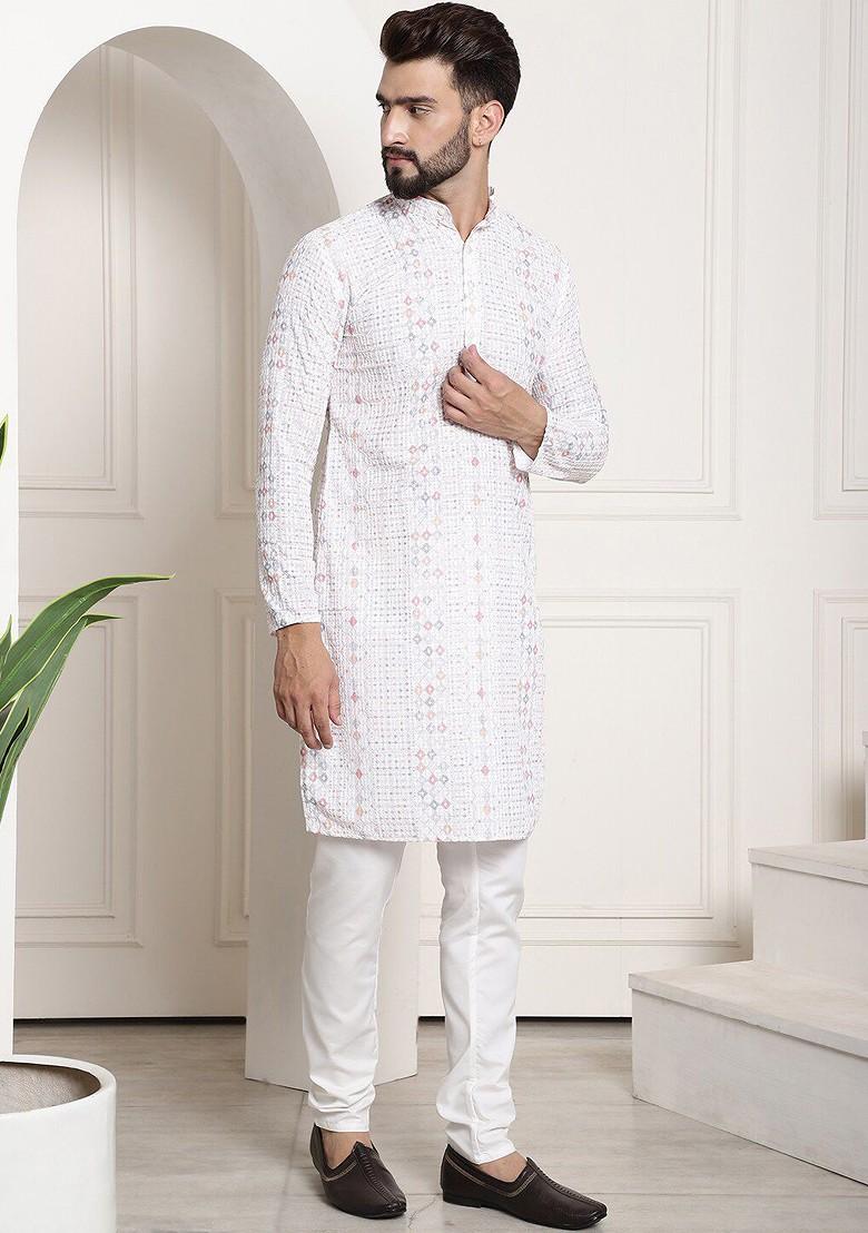 White Thread Work Cotton Kurta Set For Men