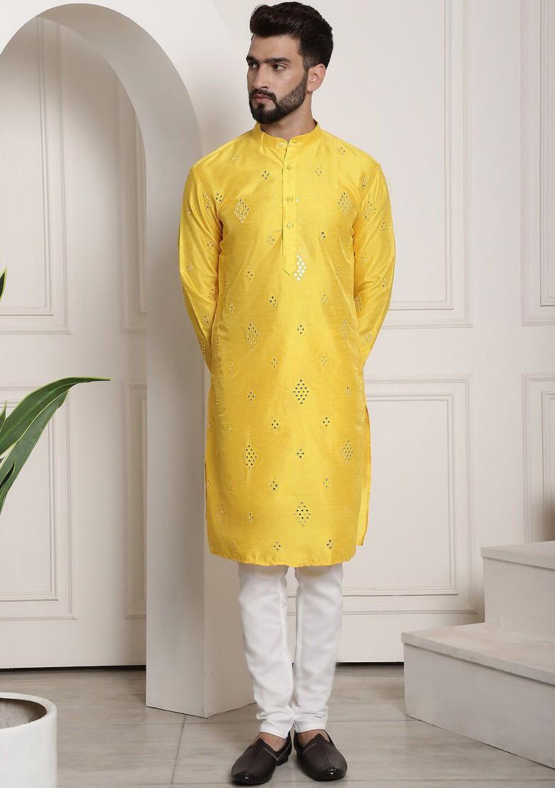Yellow Embroidered Poly Blend Kurta Set For Men