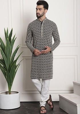 Navy Blue Embroidered Cotton Kurta Set For Men