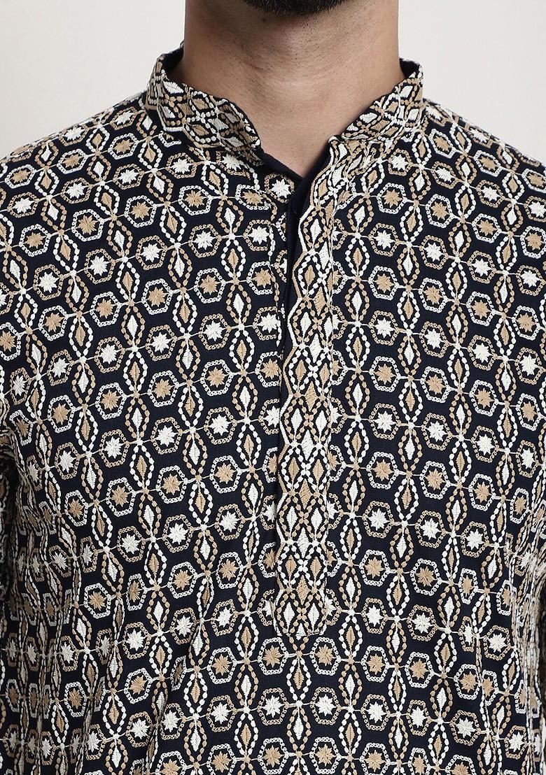 Navy Blue Embroidered Cotton Kurta Set For Men