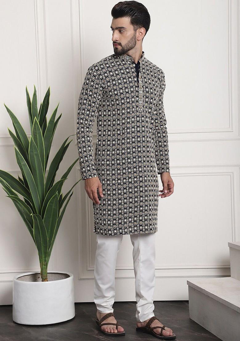 Navy Blue Embroidered Cotton Kurta Set For Men