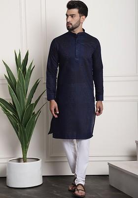 Navy Blue Thread Work Silk Kurta Set For Men