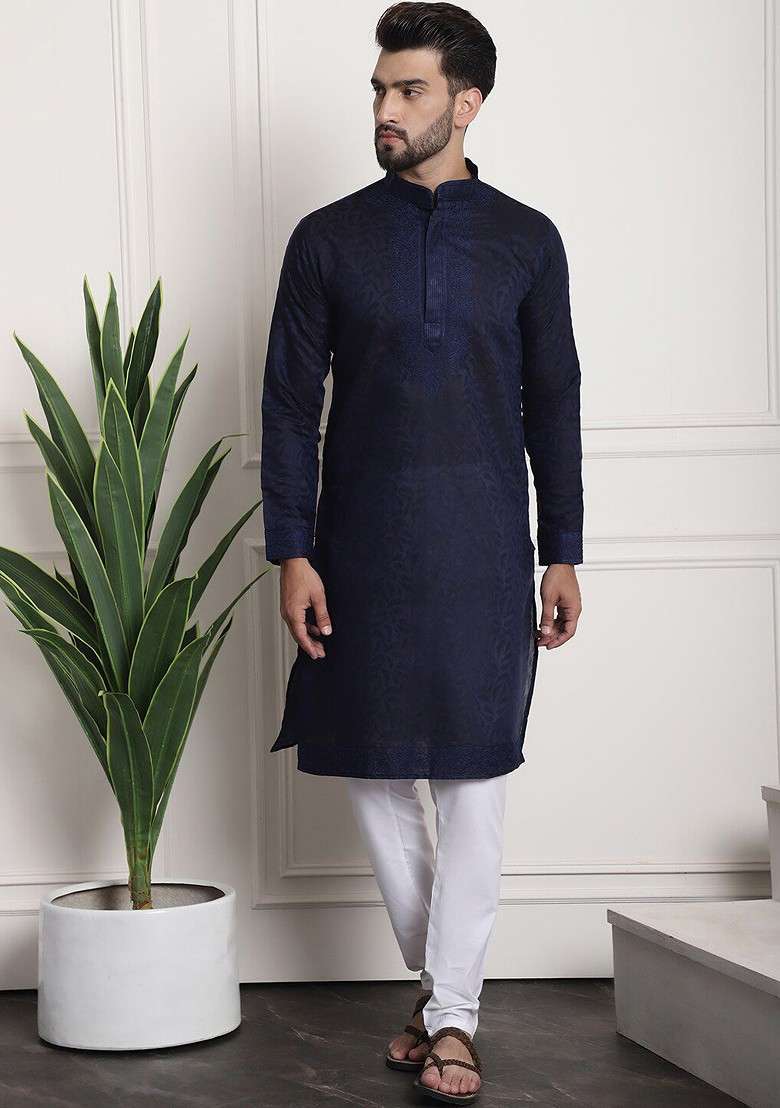 Navy Blue Thread Work Silk Blend Kurta Set For Men - Indya