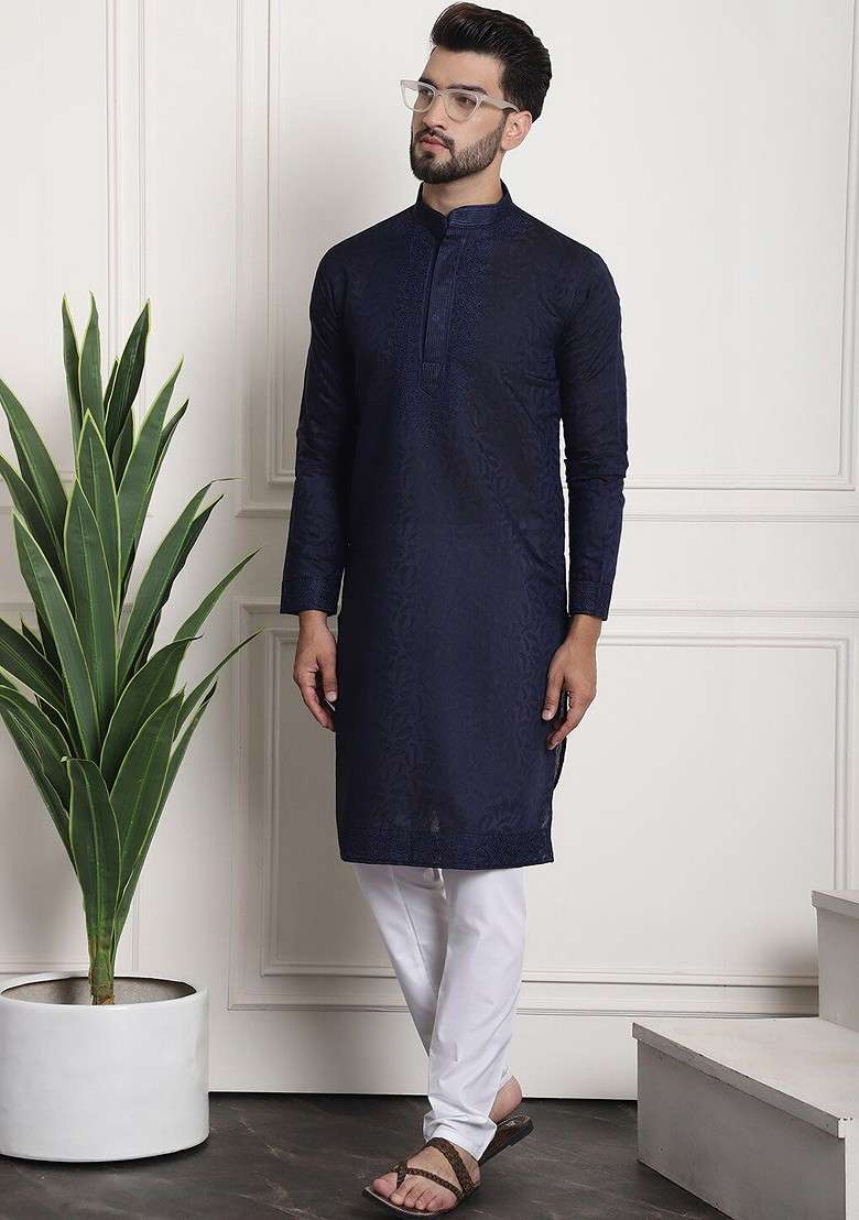 Navy Blue Thread Work Silk Blend Kurta Set For Men - Indya