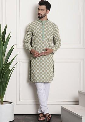 Green Thread Work Cotton Kurta Set For Men