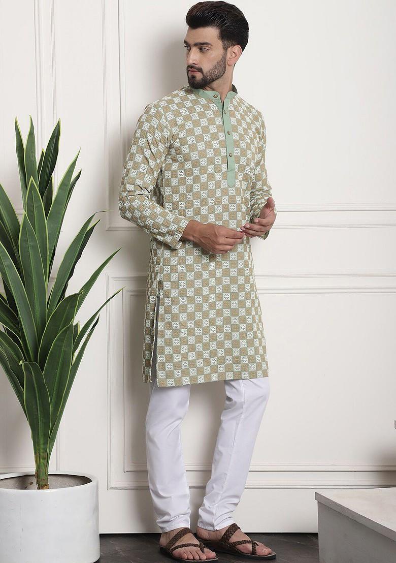 Green Thread Work Cotton Kurta Set For Men