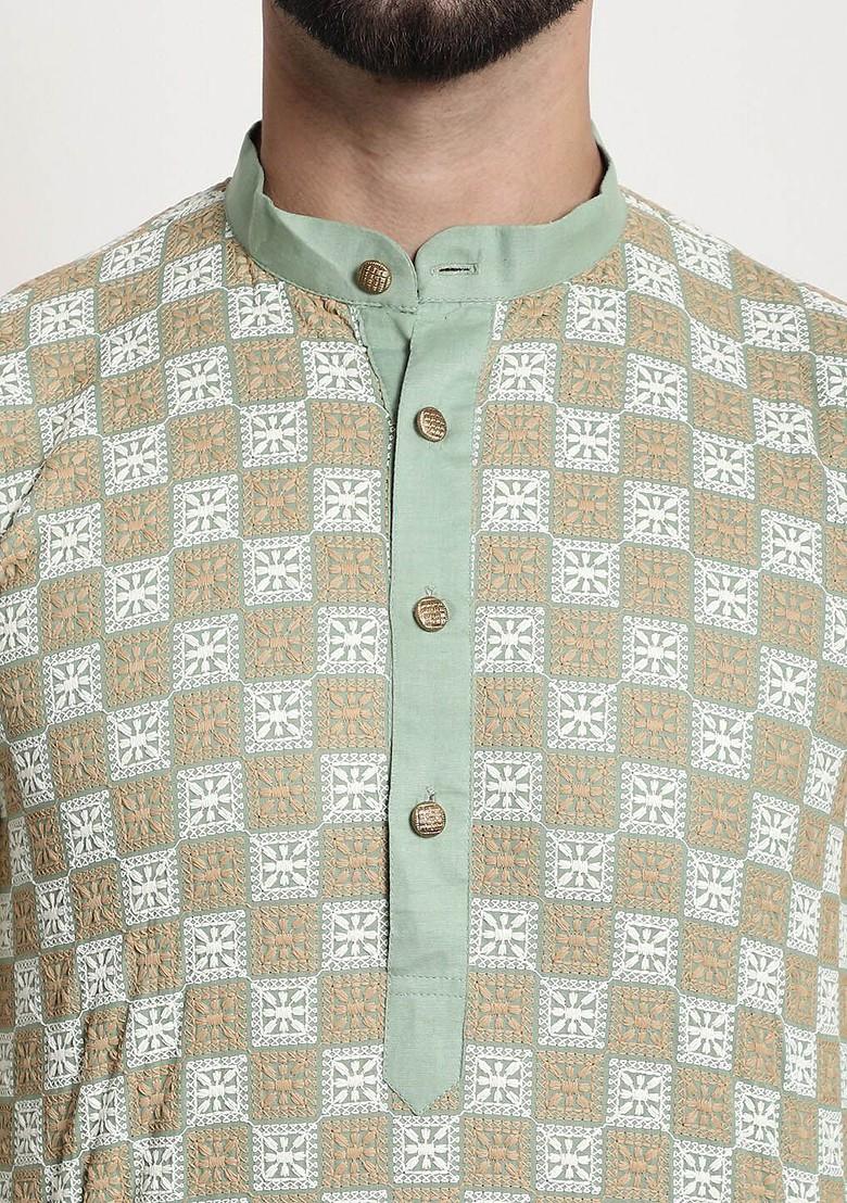 Green Thread Work Cotton Kurta Set For Men