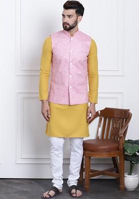 Mustard Solid Cotton Kurta Set For Men