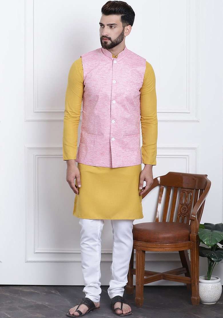 Mustard Solid Cotton Kurta Set For Men - Indya