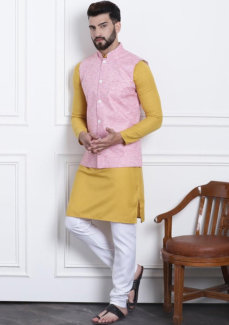 Mustard Solid Cotton Kurta Set For Men