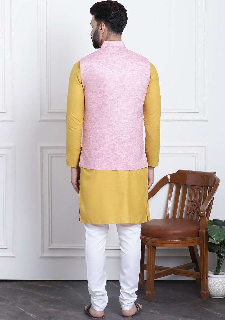 Mustard Solid Cotton Kurta Set For Men - Indya