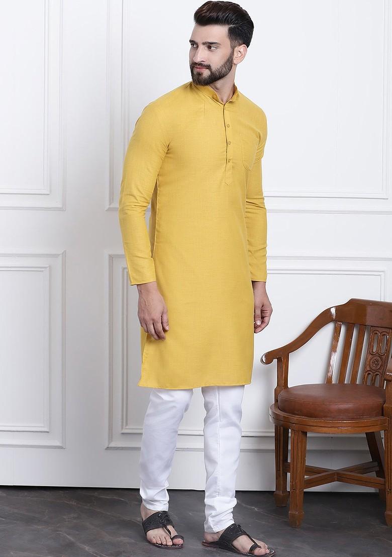 Mustard Solid Cotton Kurta Set For Men