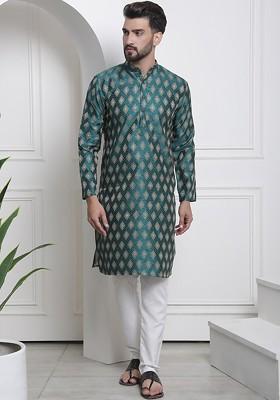 Green Ethnic Motifs Poly Blend Kurta Set For Men