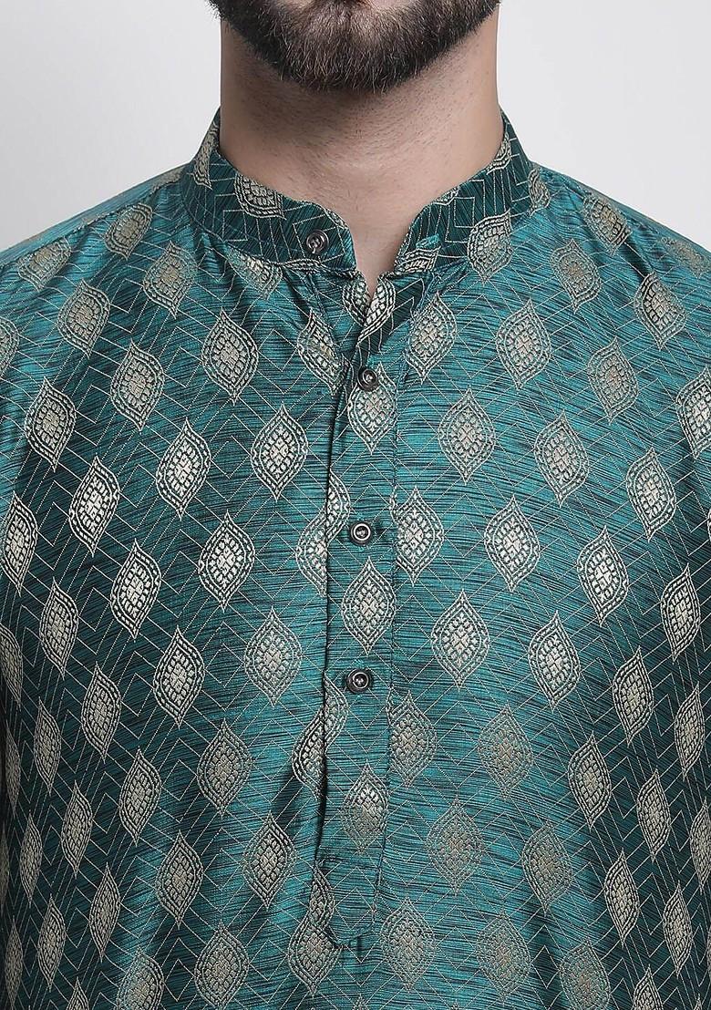 Green Ethnic Motifs Poly Blend Kurta Set For Men