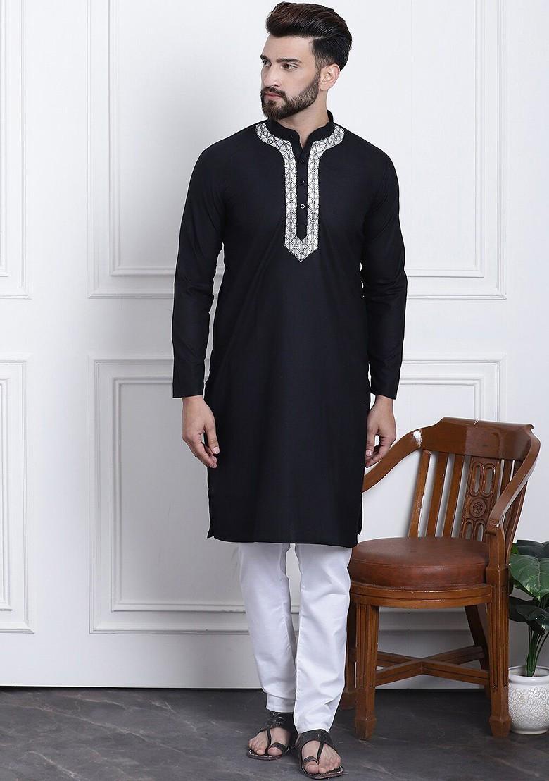 Black Yoke Design Cotton Kurta Set For Men