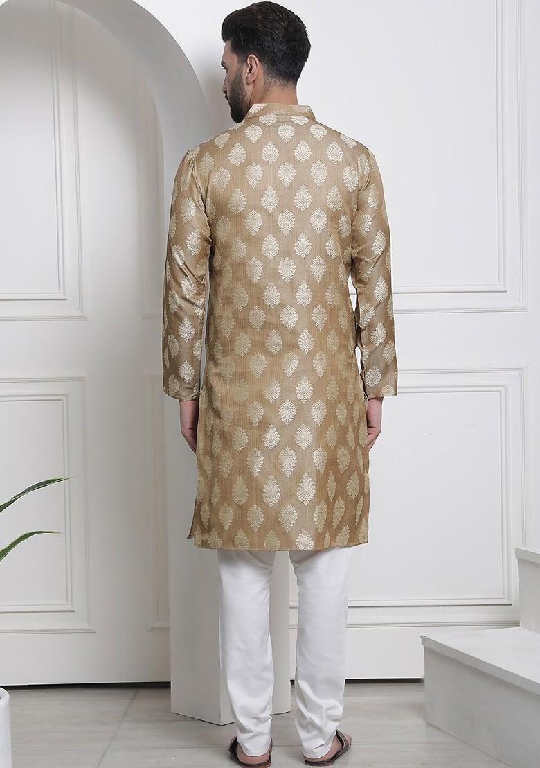 Brown Ethnic Motifs Poly Blend Kurta Set For Men