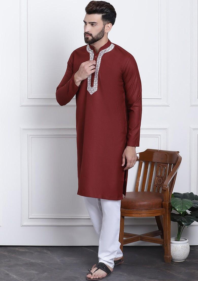 Maroon Yoke Design Cotton Kurta Set For Men