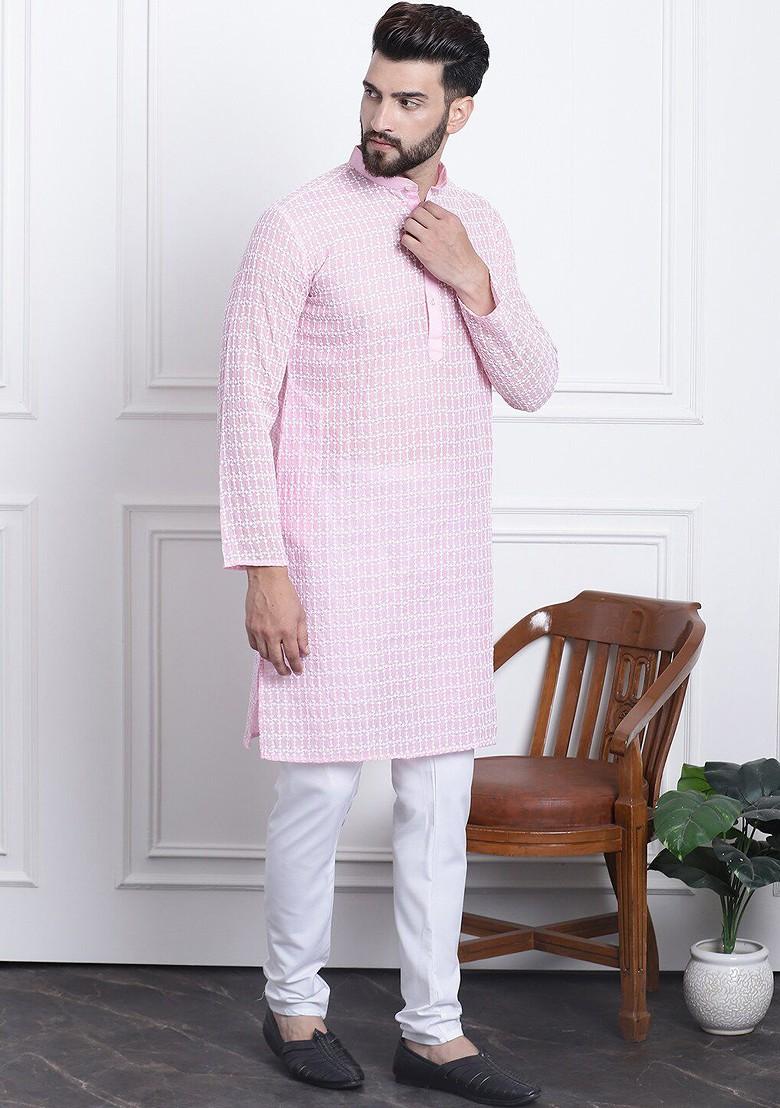 Pink Embroidered Cotton Kurta Set For Men